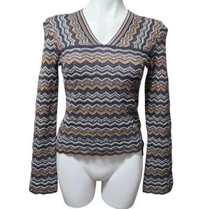 Urchin wool shirt neutral chevron zigzag knit long sleeve size tie v neck small